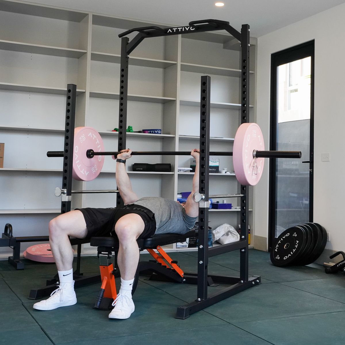 ATTIVO L2 Heavy Duty Half Power Cage Weight Lifting Squat Rack with Lat Low Row System