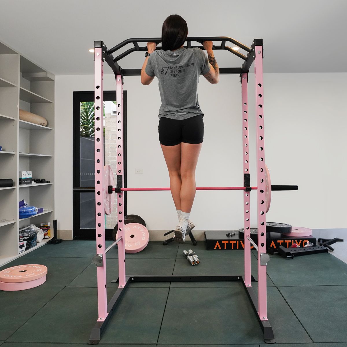 ATTIVO Pink Power Rack Multi-Function Adjustable Power Cage with J-Hooks, Safety Spotter Arms ZY18