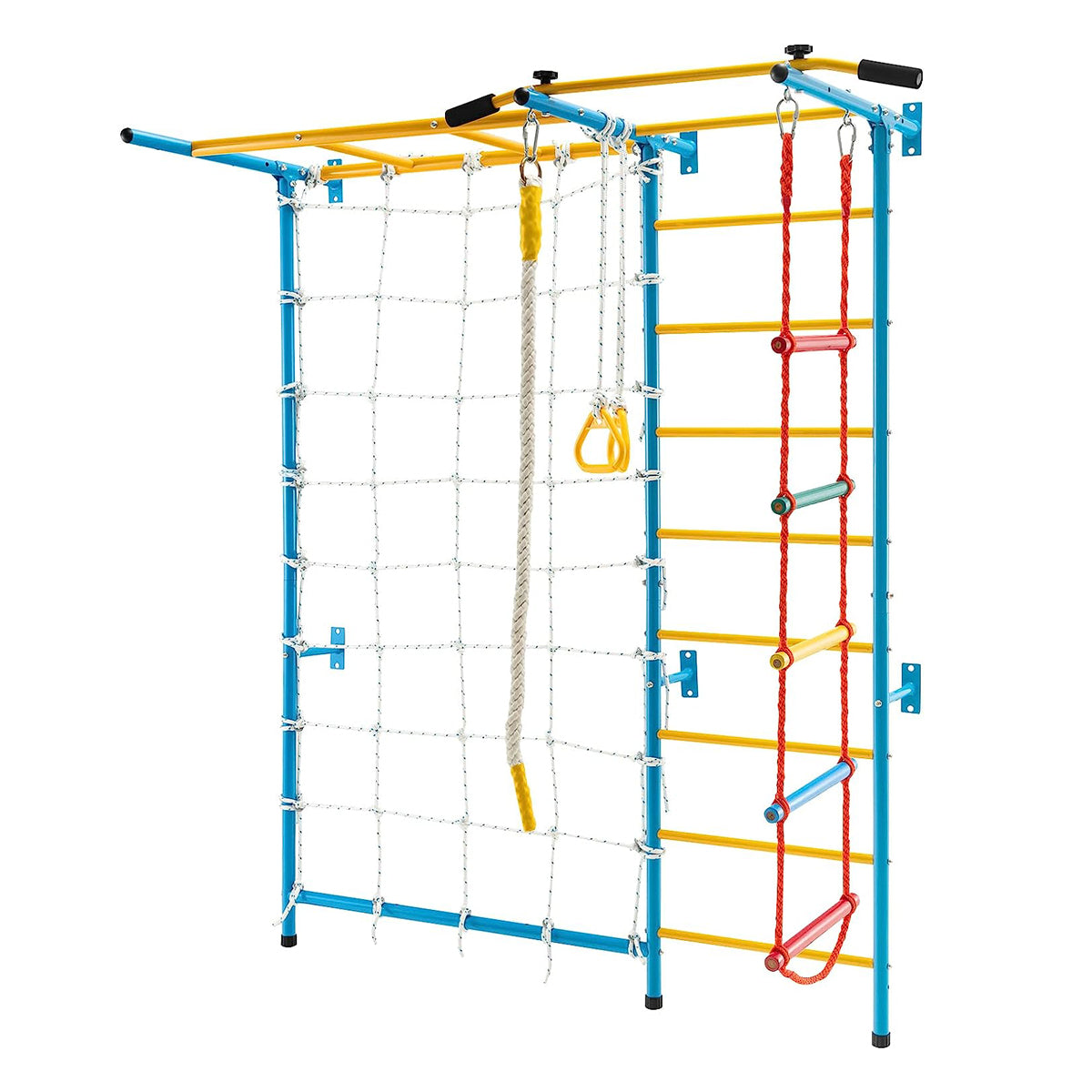 MEMAX 7 In 1 Climbing Wall for Kids, Indoor Kids Gym Playset for Exercise, Steel Ladder Wall Set with Wall Ladder, Pull-up Bar, Climbing Rope and Gymnastic Rings, Climber Ladder