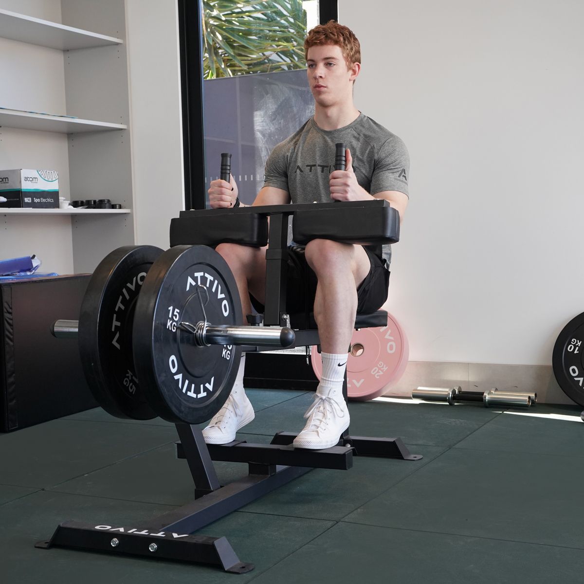 ATTIVO Seated Calf Raise, Weight Plate Loaded, Dual Olympic Weight Posts, Height Adjustable Thigh Pad, Lower Body Specialty Machine, Leg Day Machine