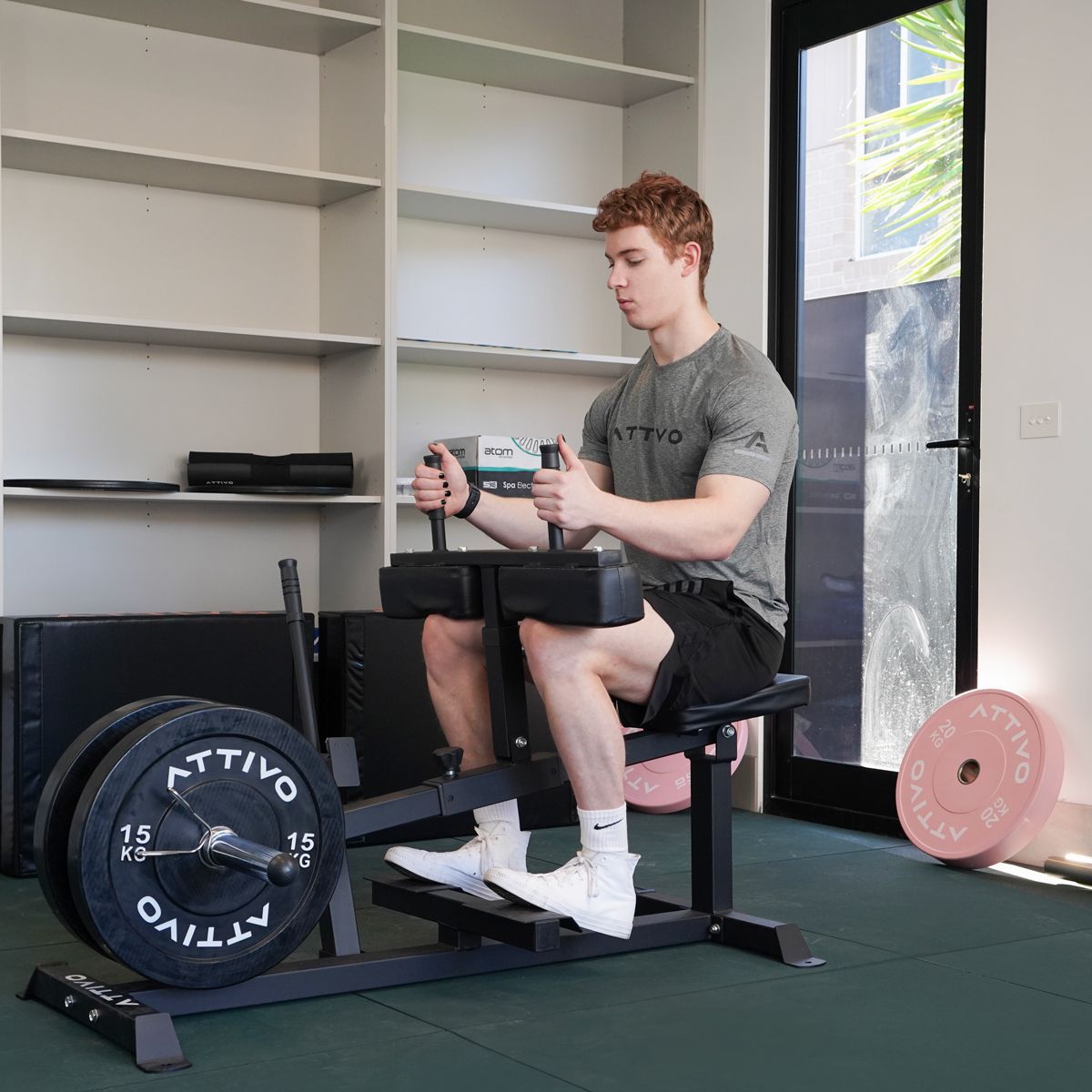 ATTIVO Seated Calf Raise, Weight Plate Loaded, Dual Olympic Weight Posts, Height Adjustable Thigh Pad, Lower Body Specialty Machine, Leg Day Machine