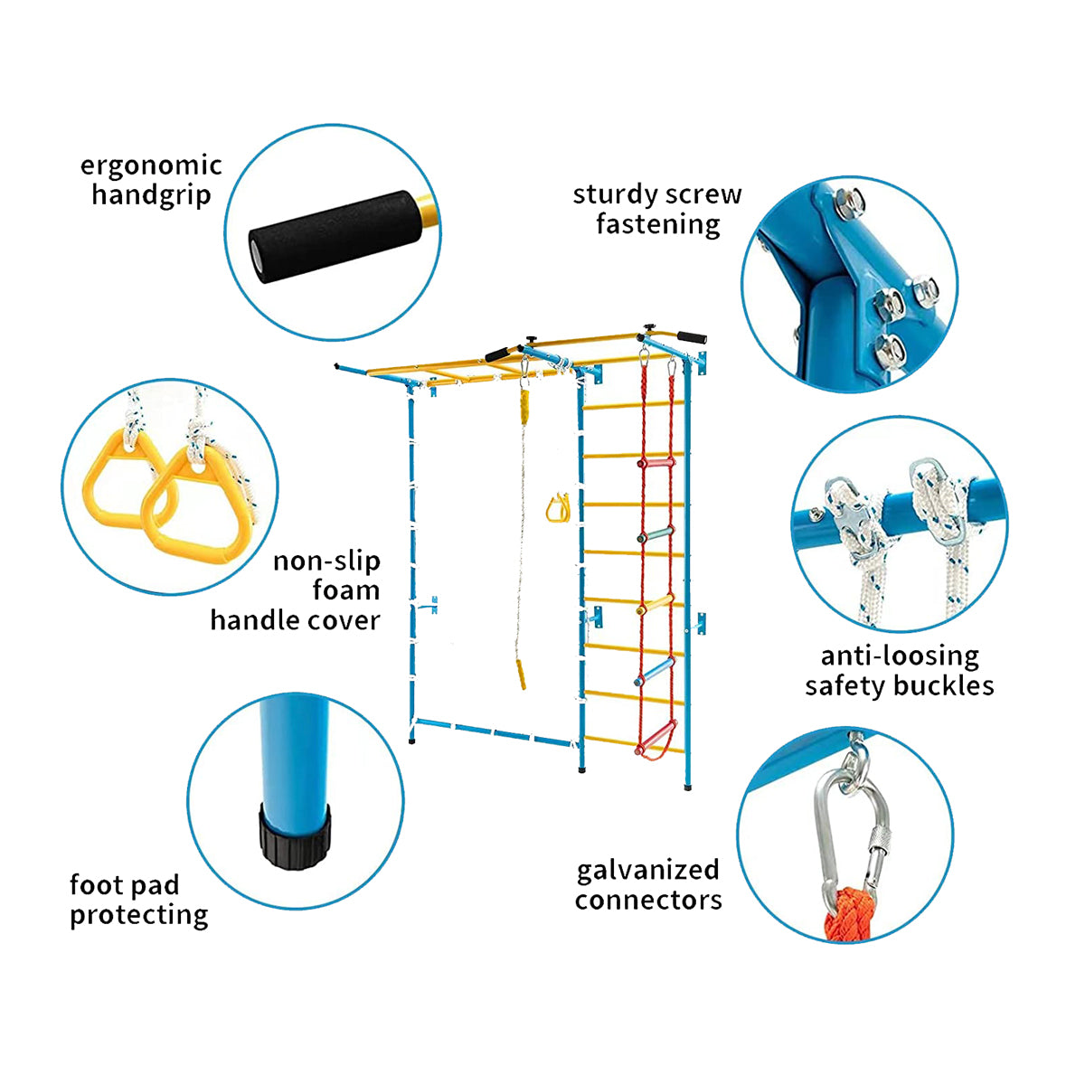 MEMAX 7 In 1 Climbing Wall for Kids, Indoor Kids Gym Playset for Exercise, Steel Ladder Wall Set with Wall Ladder, Pull-up Bar, Climbing Rope and Gymnastic Rings, Climber Ladder