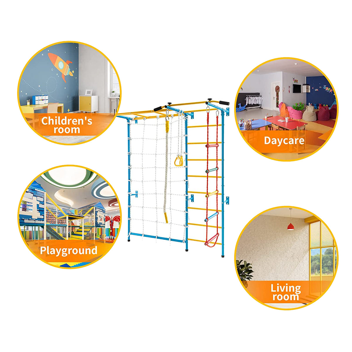 MEMAX 7 In 1 Climbing Wall for Kids, Indoor Kids Gym Playset for Exercise, Steel Ladder Wall Set with Wall Ladder, Pull-up Bar, Climbing Rope and Gymnastic Rings, Climber Ladder
