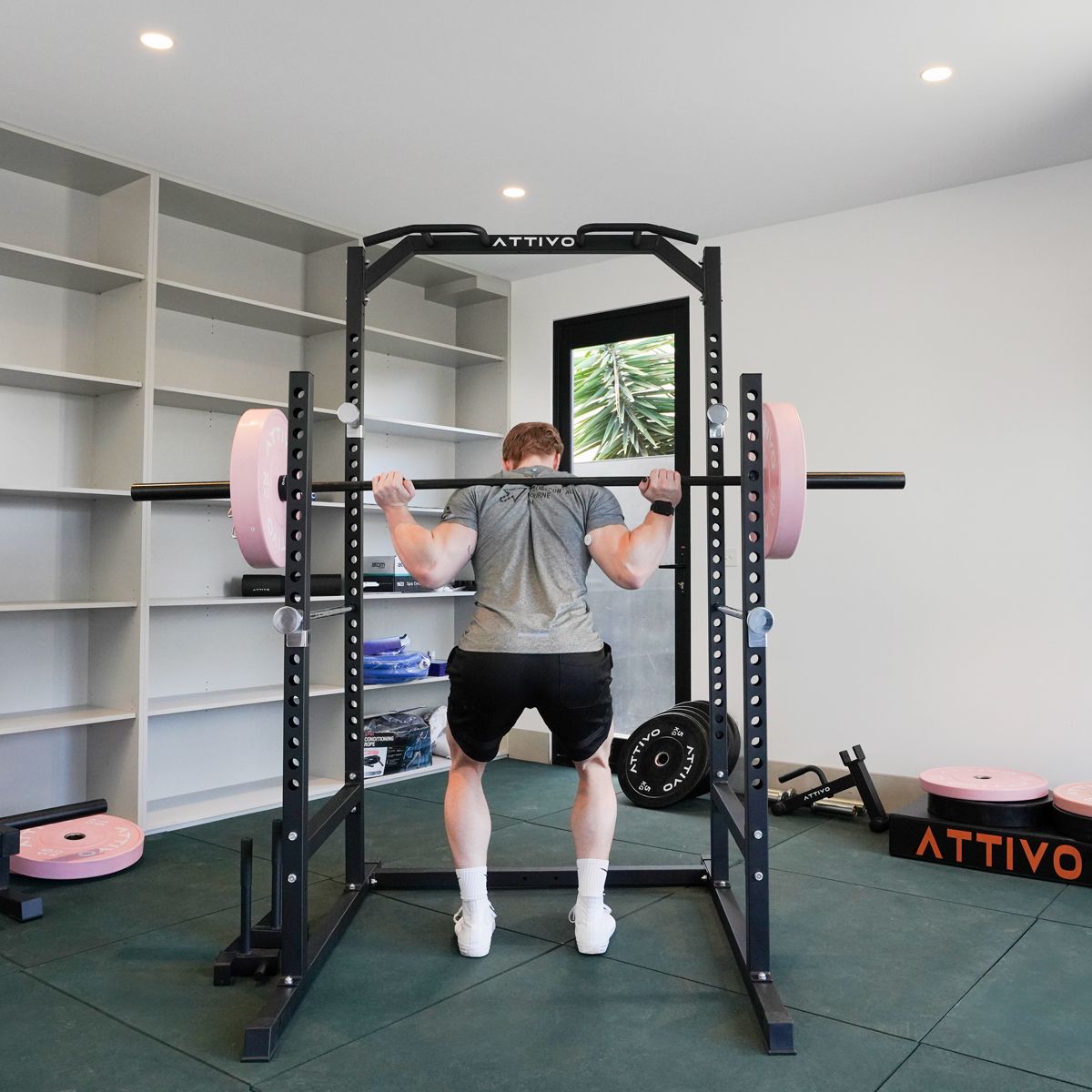 ATTIVO L2 Heavy Duty Half Power Cage Weight Lifting Squat Rack with Lat Low Row System