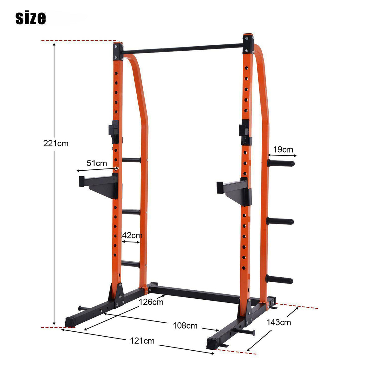 ATTIVO Half Power Rack Multi-Function Adjustable Power Cage with J-Hooks, Safety Arms - Black