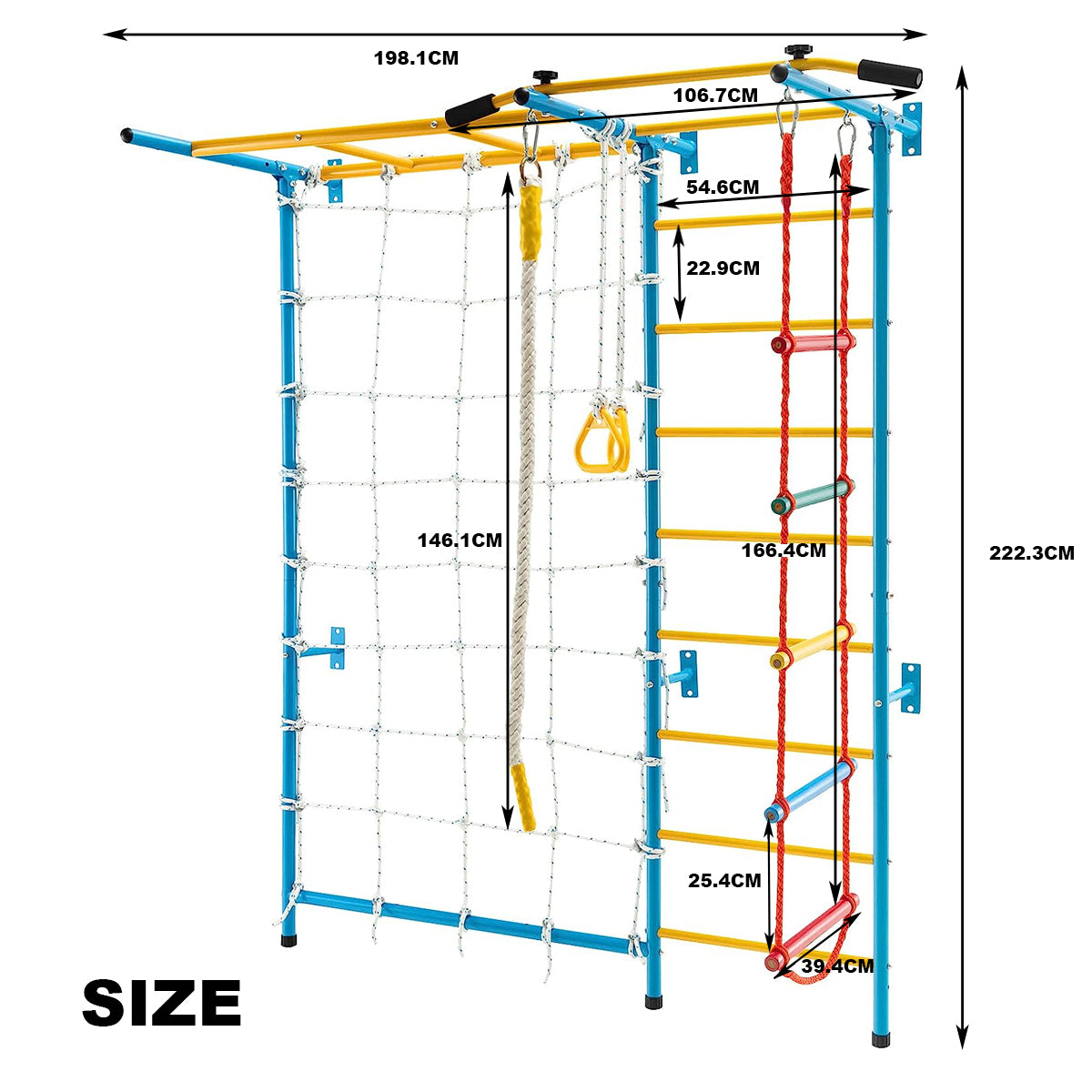 MEMAX 7 In 1 Climbing Wall for Kids, Indoor Kids Gym Playset for Exercise, Steel Ladder Wall Set with Wall Ladder, Pull-up Bar, Climbing Rope and Gymnastic Rings, Climber Ladder
