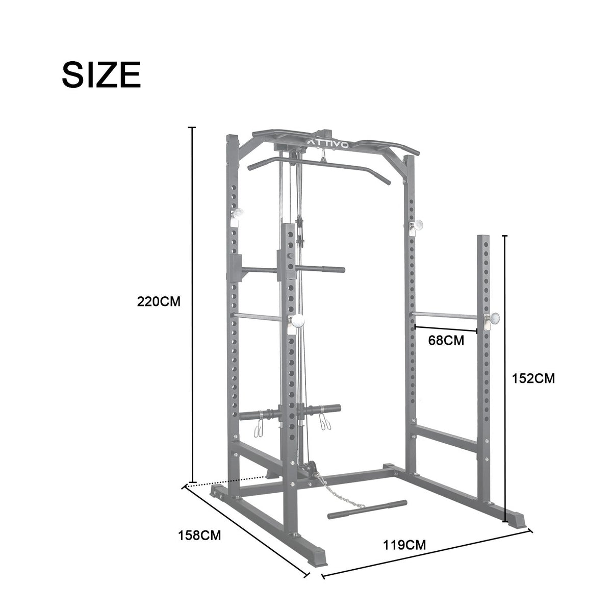 ATTIVO L2 Heavy Duty Half Power Cage Weight Lifting Squat Rack with Lat Low Row System