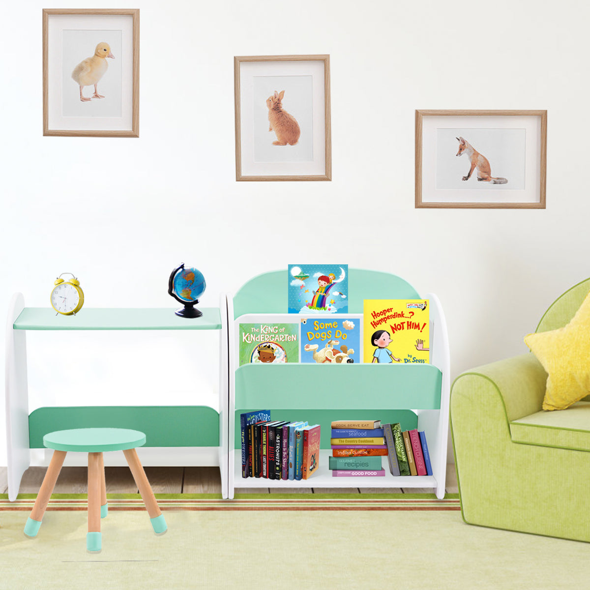 2 In 1 Kids Bookshelf Book Storage Organiser Small Table and Stool Set - Mint Green