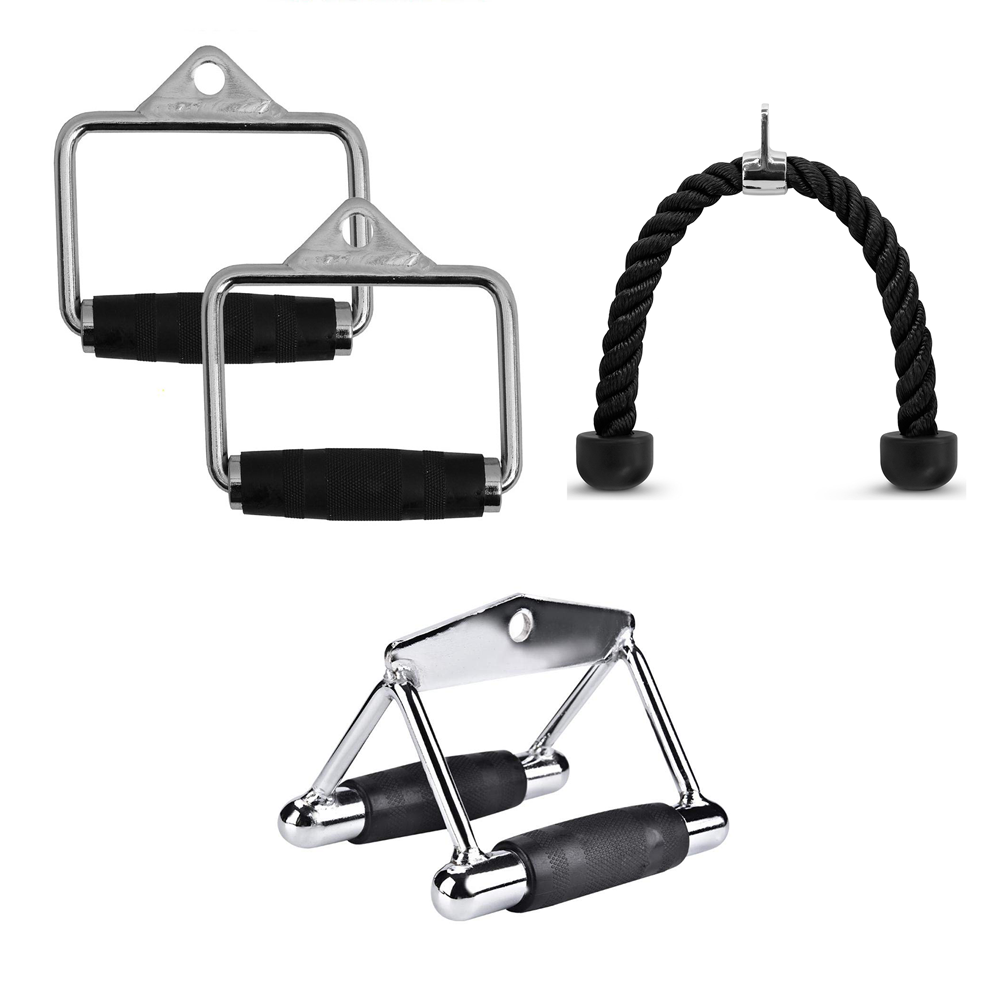 3 in 1 set Tricep Rope Extension + Single Handle + Triangle V Bar Gym Cable Attachment