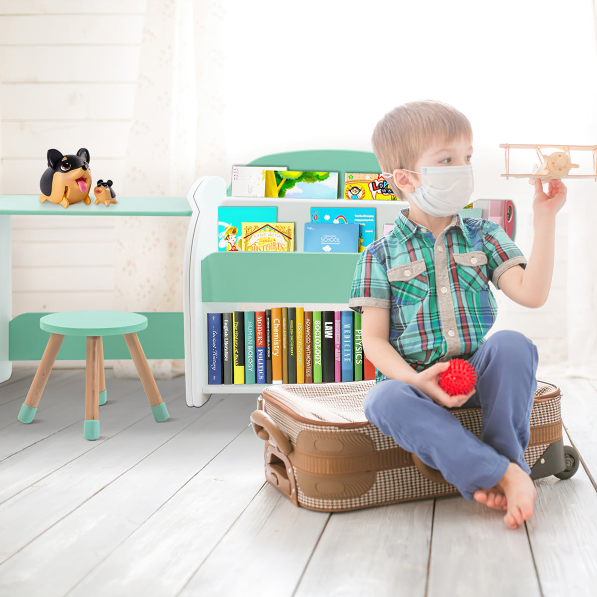2 In 1 Kids Bookshelf Book Storage Organiser Small Table and Stool Set - Mint Green