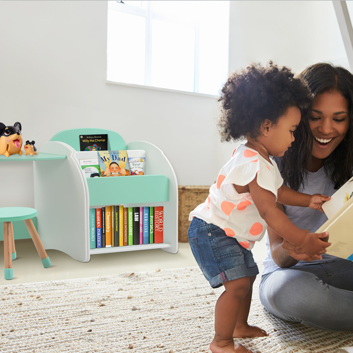 2 In 1 Kids Bookshelf Book Storage Organiser Small Table and Stool Set - Mint Green