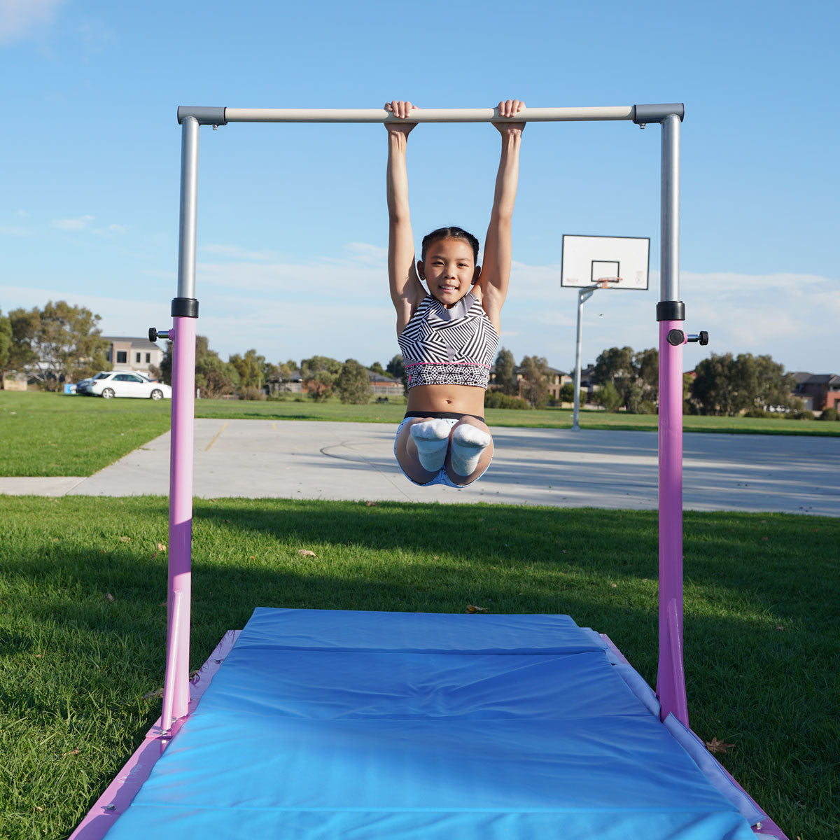 Advanced Gymnastic Horizontal Bar Long Base Training Bar Adjustable Height Kip Bar (Pink)