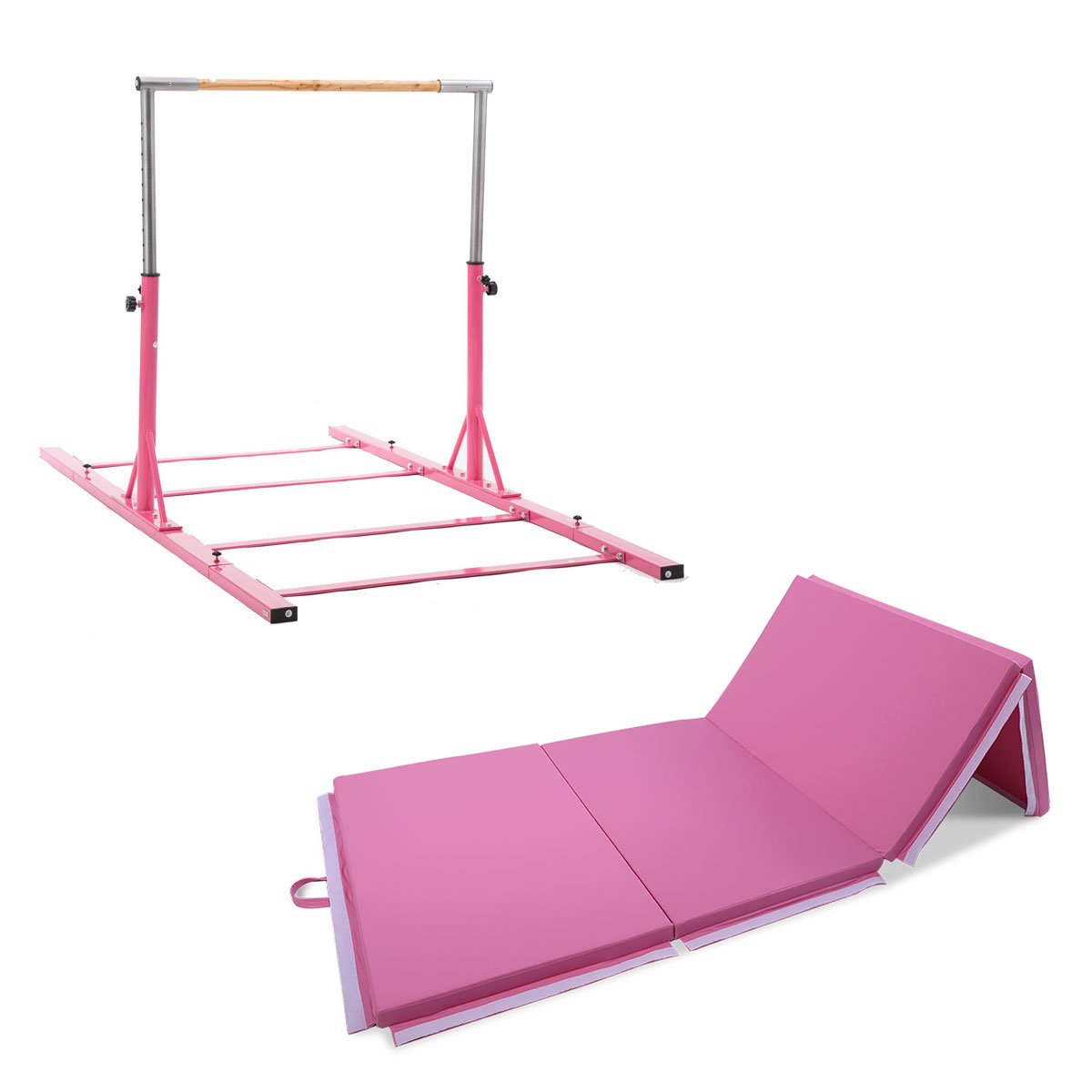 Value Combo Advanced Gymnastic Horizontal Bar Long Base Training Bar + Gym Mat (Pink)