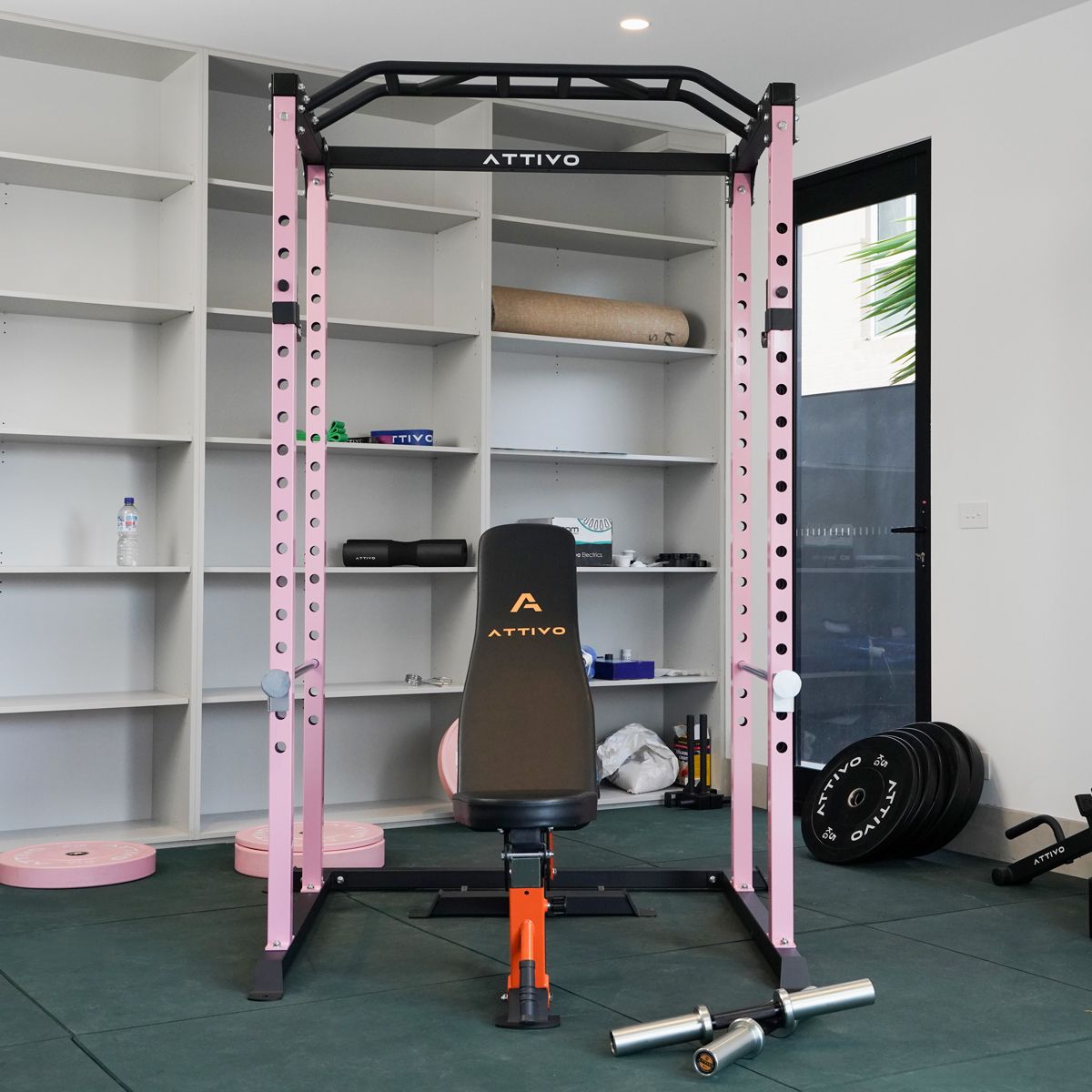 ATTIVO Pink Power Rack Multi-Function Adjustable Power Cage with J-Hooks, Safety Spotter Arms ZY18