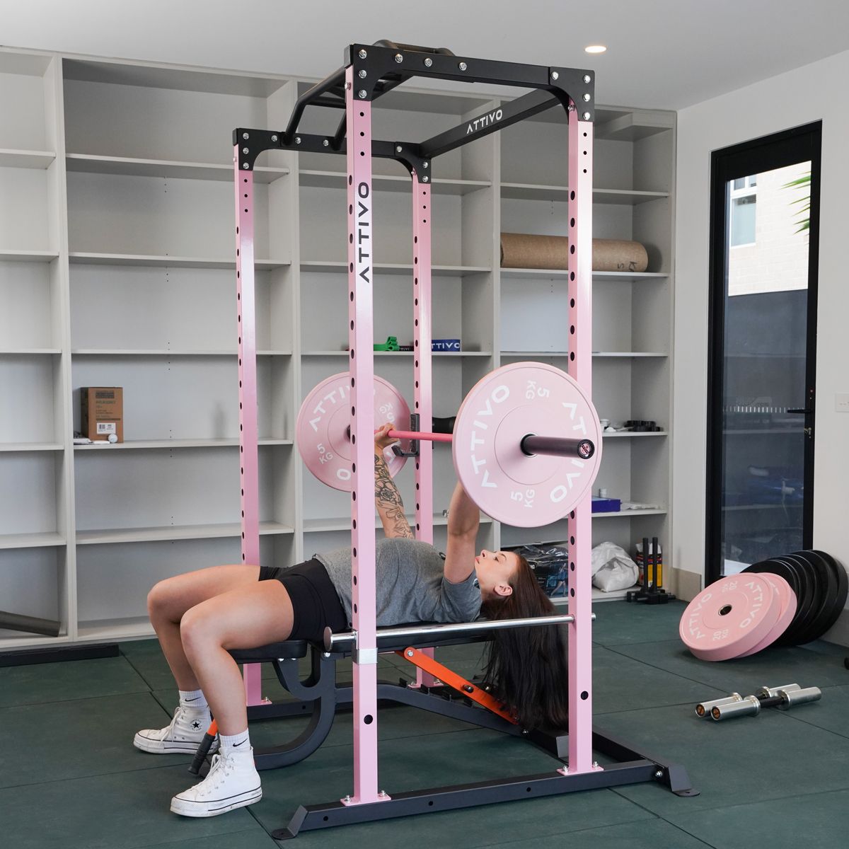 ATTIVO Pink Power Rack Multi-Function Adjustable Power Cage with J-Hooks, Safety Spotter Arms ZY18