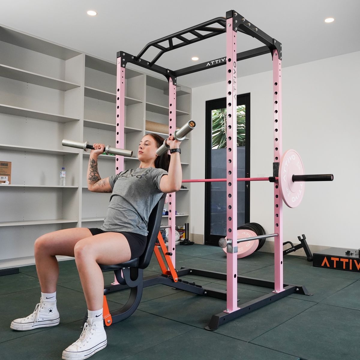 ATTIVO Pink Power Rack Multi-Function Adjustable Power Cage with J-Hooks, Safety Spotter Arms ZY18