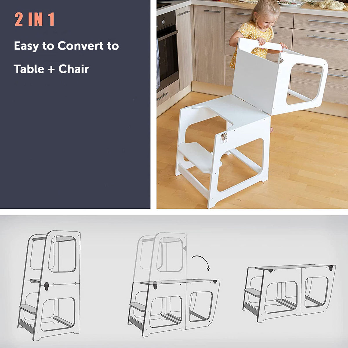 2-in-1 Kids Step Stool Learning Helper Tower Kitchen Helper Stool