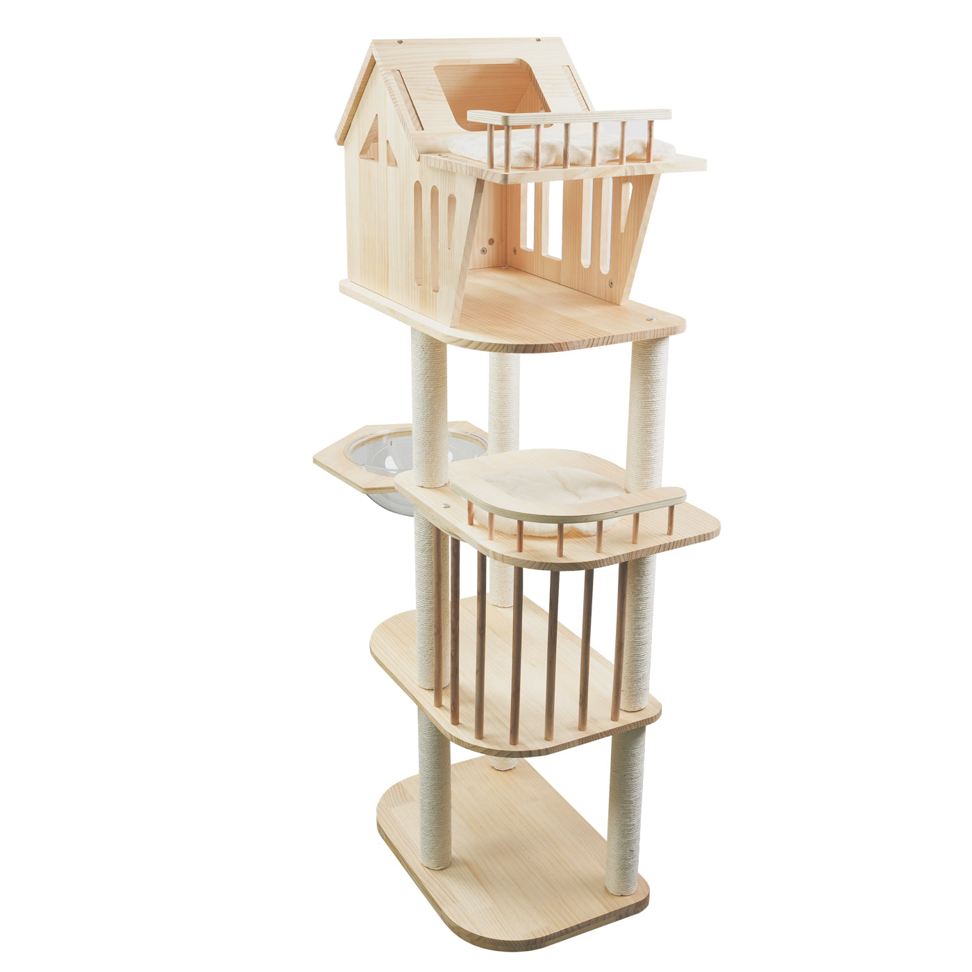Large Wooden Cat Tree Cat Scratching Post Modern Cat Condo with Natural Sisal Rope