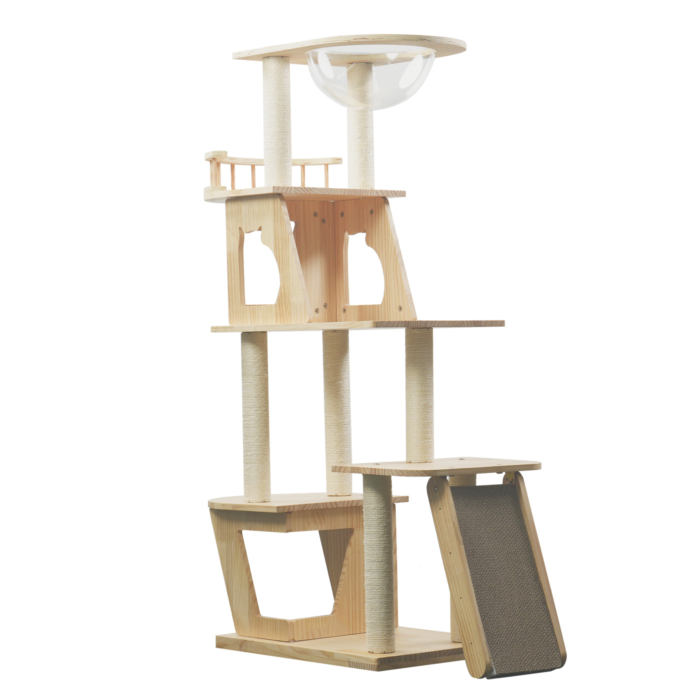 Large Wooden Cat Tree Cat Scratching Post Modern Cat Condo with Natural Sisal Rope
