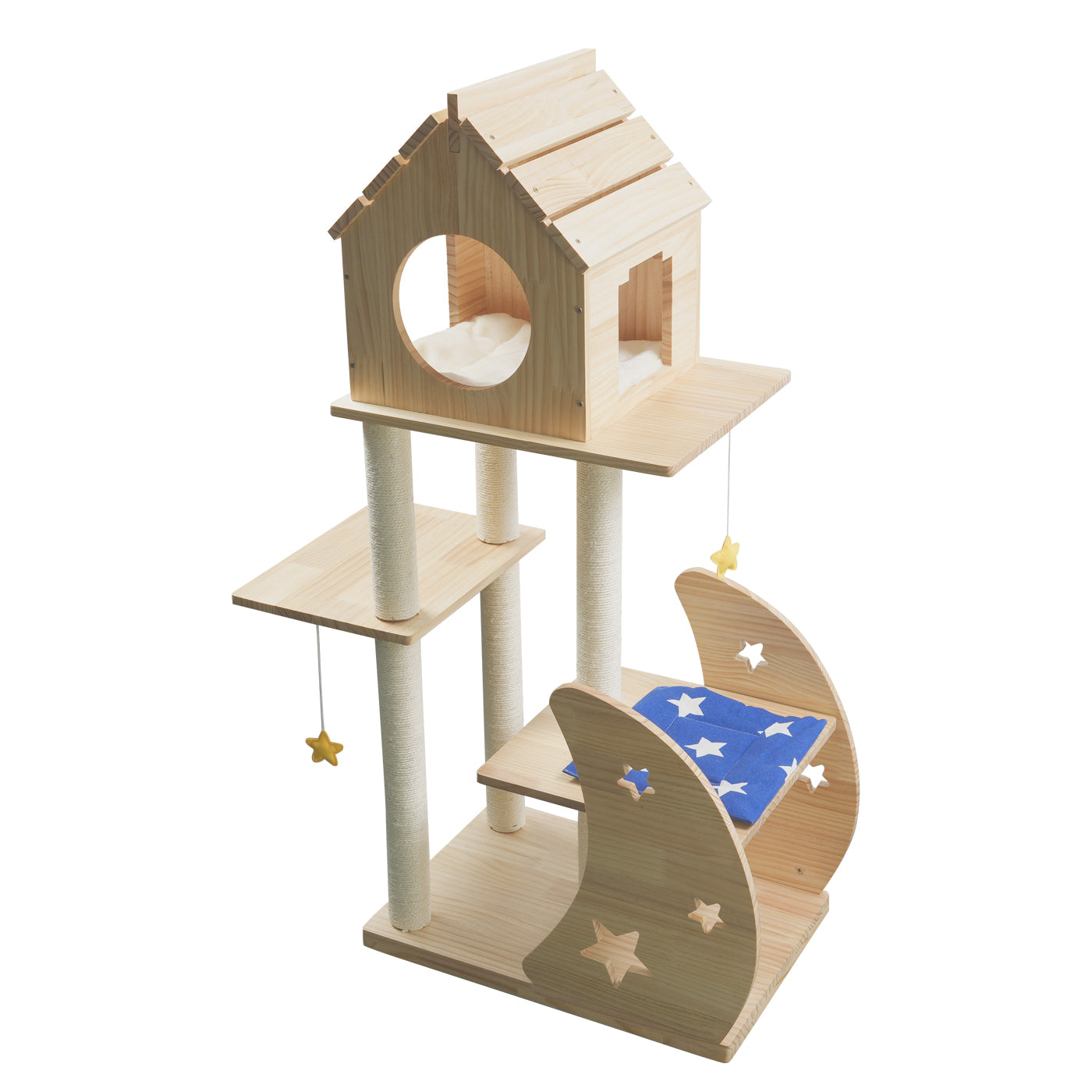 Wooden Cat Tree Cat Scratching Post Modern Cat Condo with Natural Sisal Rope