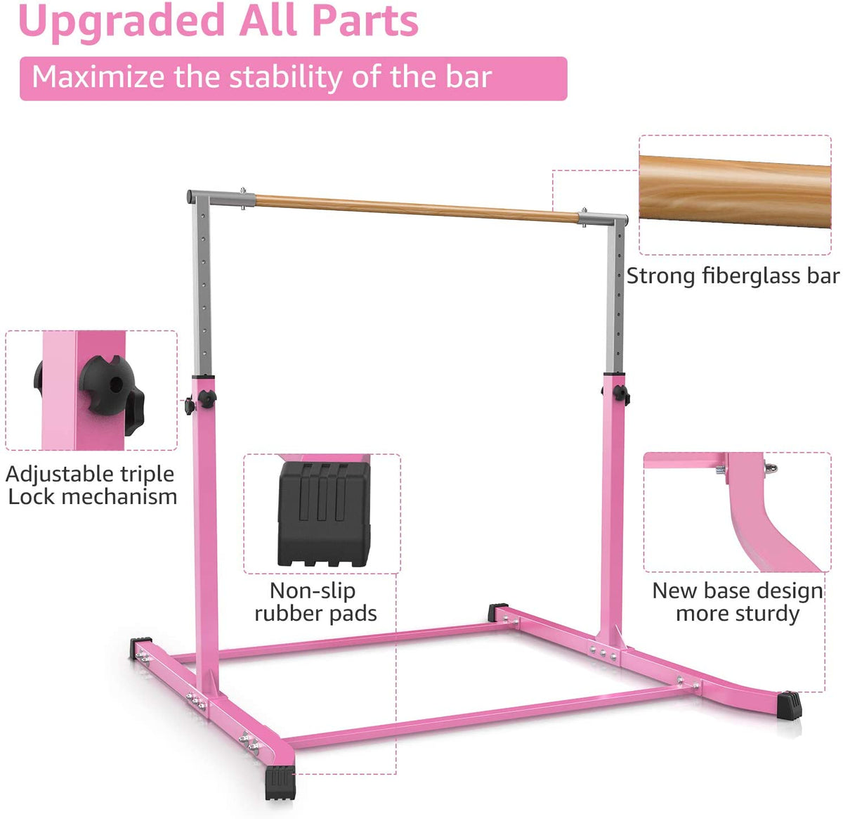 Gymnastic Horizontal Bar Sports Junior Training Bar Adjustable Height Kip Bar - Pink