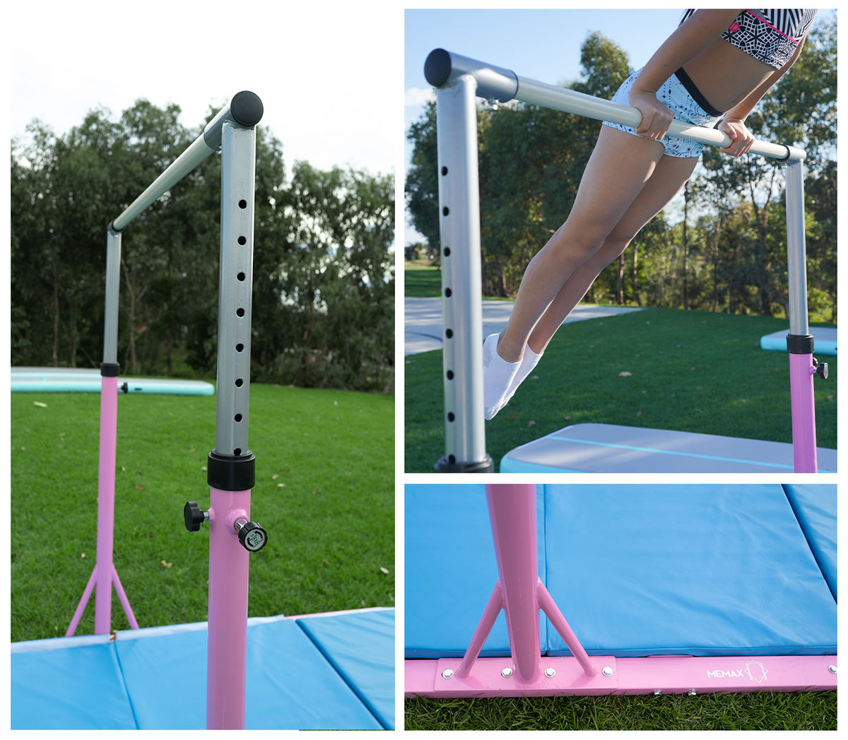 Advanced Gymnastic Horizontal Bar Long Base Training Bar Adjustable Height Kip Bar (Pink)